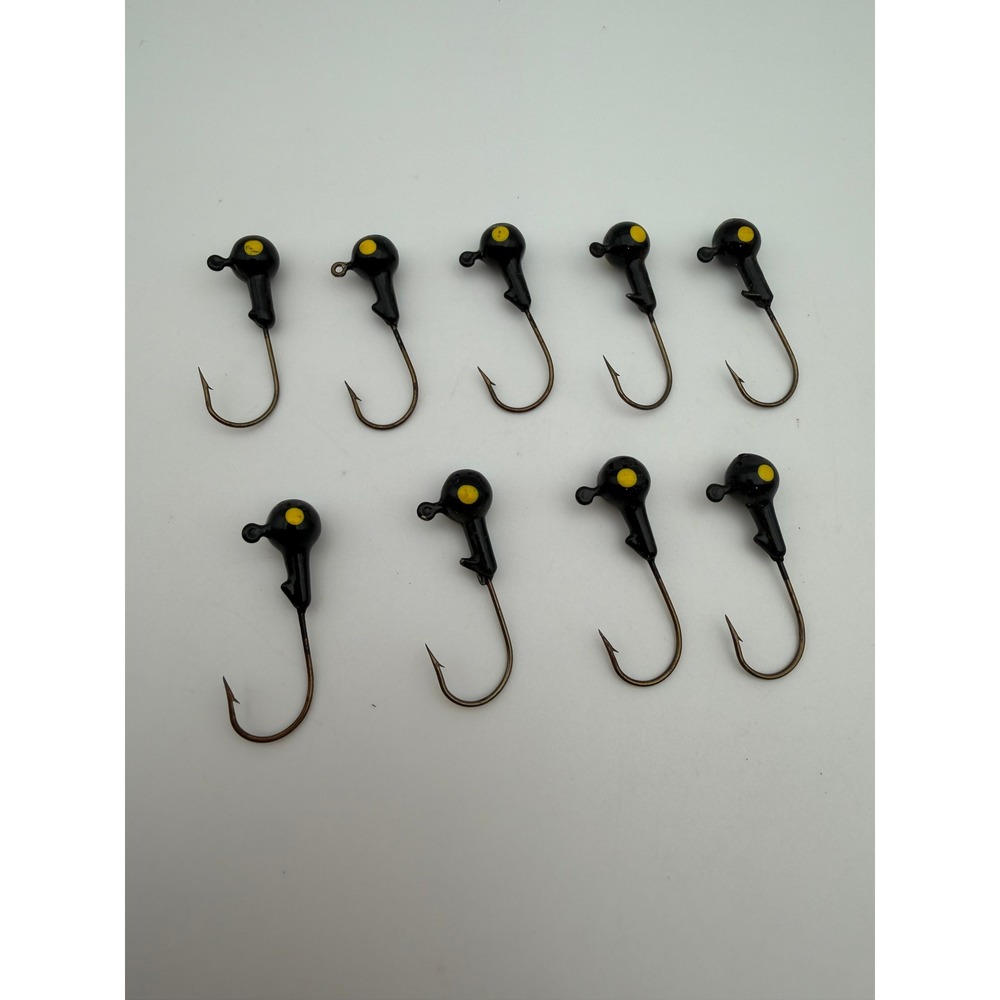 Handmade‎ Black Yellow Eye Fishing Jigs Round Head Lures 9 Piece Set 1/8 oz Hook